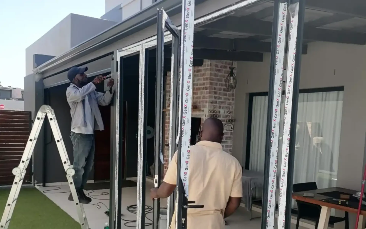 Two installers fitting aluminium doors at a house in Cape Town